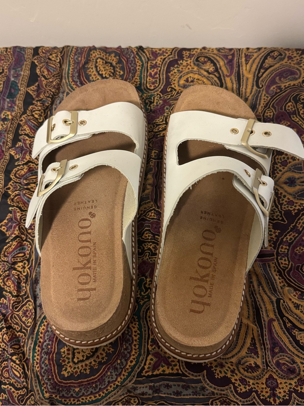 Yokono White Double-Buckle Slide Sandals with Gold Hardware